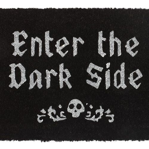 Welcome guests with a touch of eerie charm using this black coir doormat inscribed with "Enter the Dark Side." Perfect for homes embracing a gothic, haunted mansion vibe, it adds a mystical allure to your porch or doorway. Crafted from durable coir, this mat withstands heavy foot traffic while inviting visitors into your shadowy realm.
