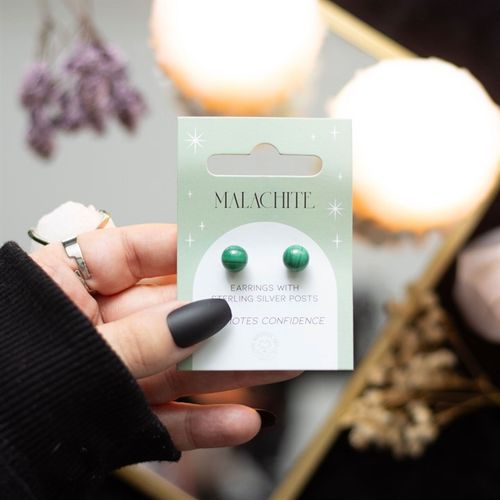 This pair of malachite crystal stud earrings comes on a matching backing card and makes a meaningful gift for those in need of spiritual protection. Malachite is a powerful semi-precious stone believed to protect from negative energies, making it ideal for promoting confidence and inner strength.