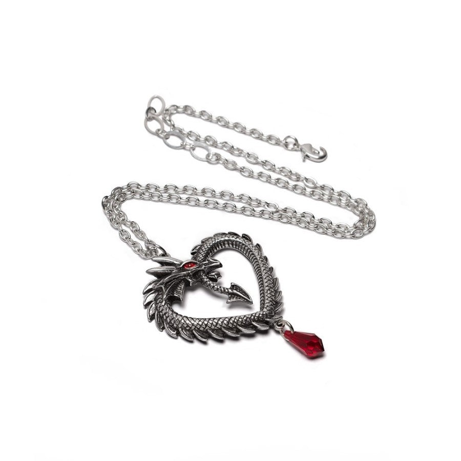 In the ancient forests of Burgundy, a mythical dragon known as the Vouivre roamed, elusive and protective of its secrets, avoiding the gaze of young lovers. Capture the enchantment of love and mystery with this striking Dragon Pendant, where craftsmanship meets passion. Made from fine English pewter with exquisite detail, its Siam red eye shines with a mesmerizing glow that draws all eyes. Wear it on a chain for timeless elegance or as a choker using the included midnight black satin ribbon. Perfect for mag