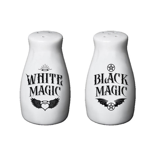 This White Magic | Black Magic Salt & Pepper Set is perfect for a witches kitchen. The black and white ceramic salt and pepper pots feature White Magic and Black Magic slogans.
