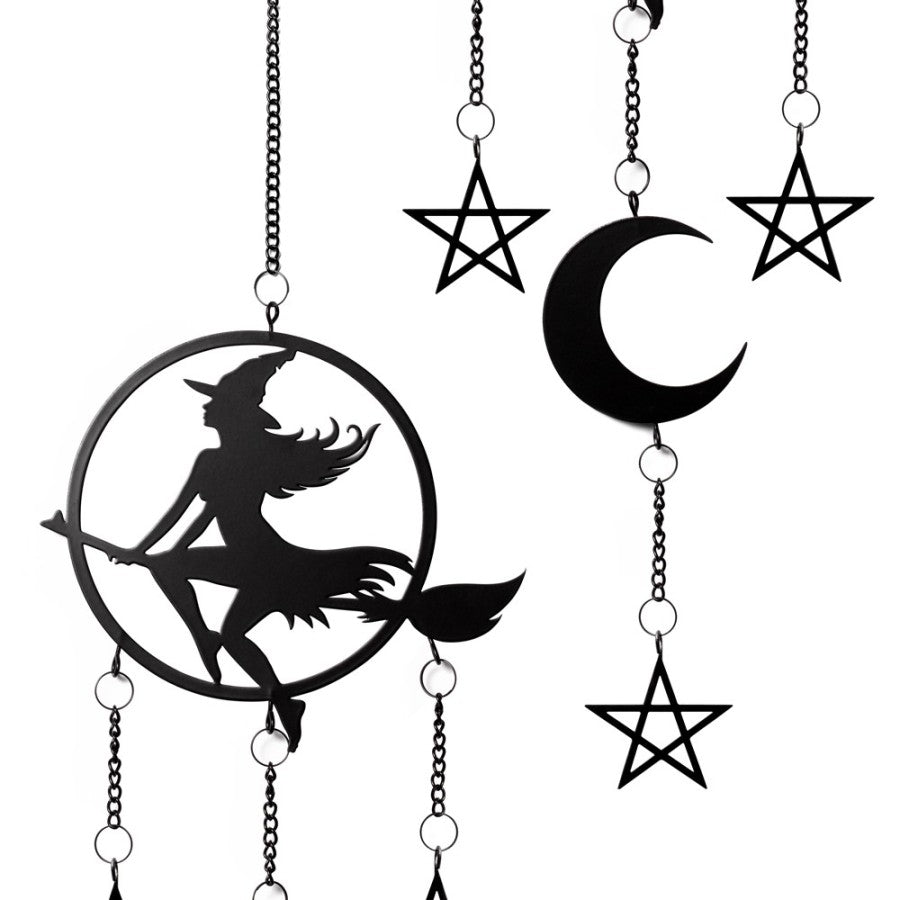 Witch Over the Moon Hanging Decoration | Alchemy England Gothic Decor
Summon the deep tidal magic within with this enchanting hanging decoration from Alchemy England. A bold witch soars across a crescent moon, surrounded by protective pentagrams—radiating witchy power and gothic charm. Perfect for those who honor their dark elegance and mystical soul.