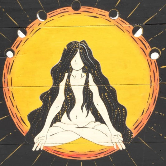 This stunning wall decoration features a bold and striking design of a meditating yoga figure, set against the various moon phases. This unique wall plaque has been hand painted in bold colours and comes with a string for quick and easy hanging.