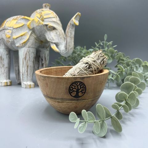 Handcrafted wooden ritual bowl with Tree of Life design. 11x7cm smudge and offering bowl for altar, meditation, and spiritual balance.