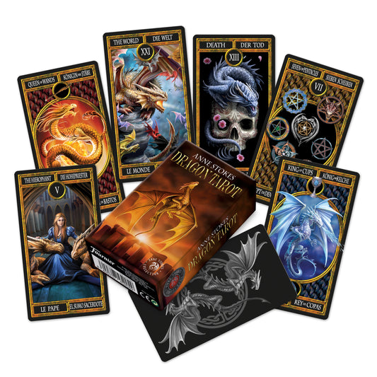 Summon the ancient wisdom of dragons with this stunning Dragon Tarot Deck by famed gothic fantasy artist Anne Stokes. Each of the 78 powerful cards is adorned with her iconic dragon artwork — creatures of fire, shadow, air, and spirit brought vividly to life in bold, magical detail.

This is a deck for those who seek guidance from the primal forces, for witches who walk with scales and flame, and for readers who crave a deck that roars with energy. Whether you're reading for yourself or for others, the incl