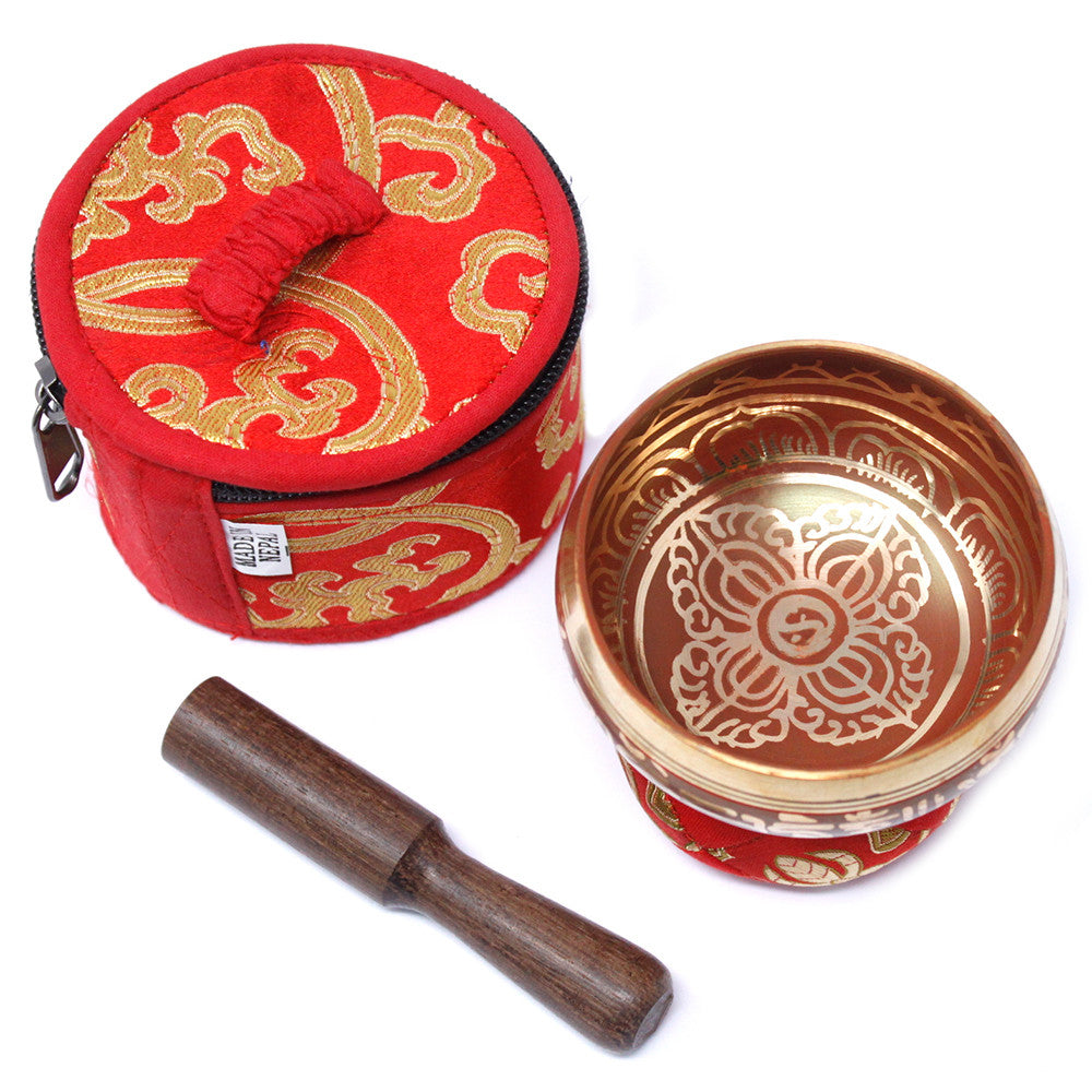 This Mini Singing Bowl Gift Set in red is the perfect offering for those seeking harmony, focus, and inner calm. Handmade in Nepal by skilled artisan craftspeople, each bowl is carefully crafted to carry the traditional resonance of the Himalayas.

The set comes with a wooden striker and a beautiful pouch bag, making it an ideal gift of peace and mindfulness. Use the wooden end of the striker to make the bowl sing, producing a steady base tone of A3 with gently shifting wave sounds that bring balance to med