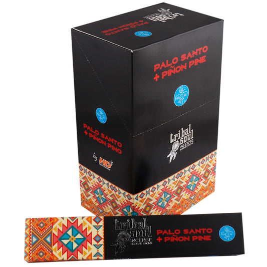 Immerse your sacred space in the grounding aroma of Tribal Soul Palo Santo + Piñon Pine Incense. Crafted for spiritual rituals, energy cleansing, and deep relaxation, this incense blend harmonizes two sacred woods:

Palo Santo, known as “Holy Wood,” releases a sweet, citrusy aroma with hints of mint and frankincense, ideal for purifying and uplifting energy.

Piñon Pine, traditionally used by Native American tribes, offers a warm, earthy, and slightly resinous scent that soothes the spirit and invites deep 