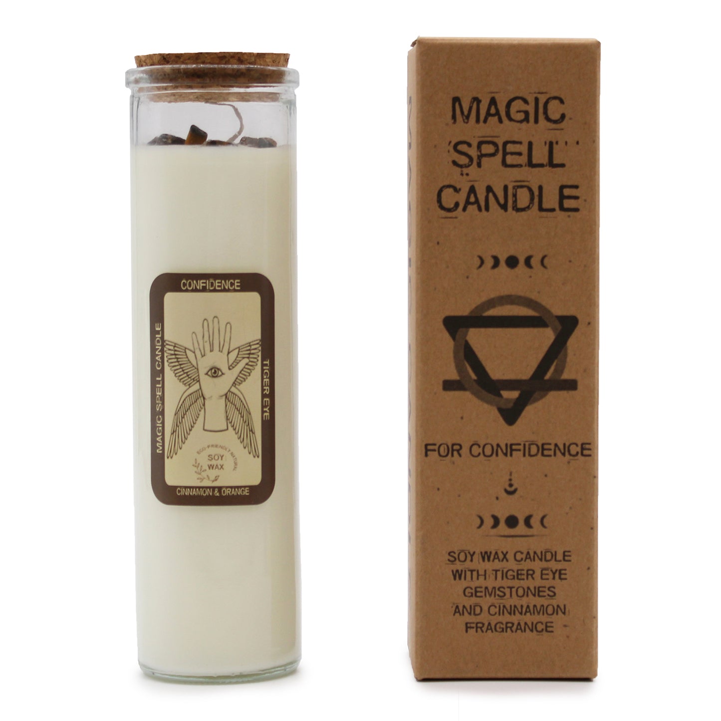 Awaken your inner power with the Magic Spell Candle - Confidence. This enchanting candle fuels self-belief and courage, helping you stand tall with fearless determination. Nestled inside is a genuine Tiger Eye stone, a talisman of bravery and protection that strengthens your spirit. The rich, spicy aroma of cinnamon fills your space, sparking boldness and resilience. Crafted from clean-burning soy wax, it offers a steady, lasting fragrance while being kind to the earth. Once the magic fades, repurpose the g