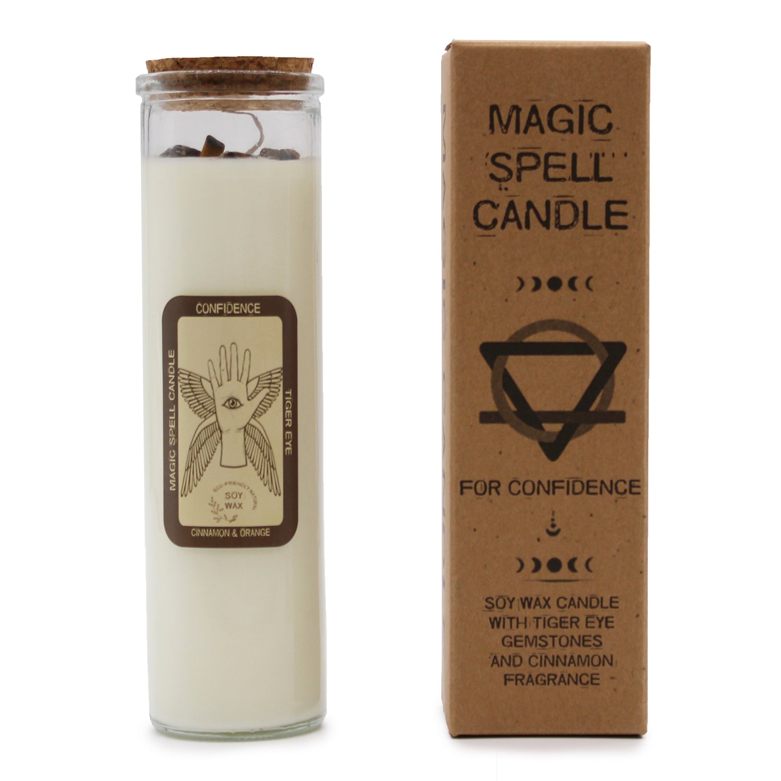 Awaken your inner power with the Magic Spell Candle - Confidence. This enchanting candle fuels self-belief and courage, helping you stand tall with fearless determination. Nestled inside is a genuine Tiger Eye stone, a talisman of bravery and protection that strengthens your spirit. The rich, spicy aroma of cinnamon fills your space, sparking boldness and resilience. Crafted from clean-burning soy wax, it offers a steady, lasting fragrance while being kind to the earth. Once the magic fades, repurpose the g