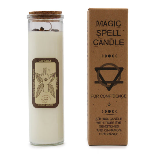 Awaken your inner power with the Magic Spell Candle - Confidence. This enchanting candle fuels self-belief and courage, helping you stand tall with fearless determination. Nestled inside is a genuine Tiger Eye stone, a talisman of bravery and protection that strengthens your spirit. The rich, spicy aroma of cinnamon fills your space, sparking boldness and resilience. Crafted from clean-burning soy wax, it offers a steady, lasting fragrance while being kind to the earth. Once the magic fades, repurpose the g