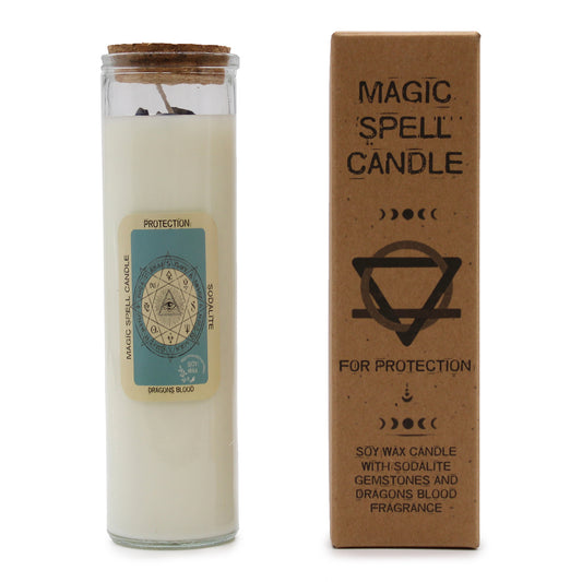 Harness the power of the Magic Spell Candle - Protection to form a divine shield that repels negativity and nurtures a serene, secure environment. This candle safeguards your energy and enhances spiritual harmony. Within its glow lies genuine Sodalite, the stone of peace and protection, sharpening intuition and clearing the mind. The enchanting Dragons Blood fragrance fills your space with grounding energy, banishing harmful influences. Crafted from soy wax, it burns cleanly and evenly, releasing its mystic