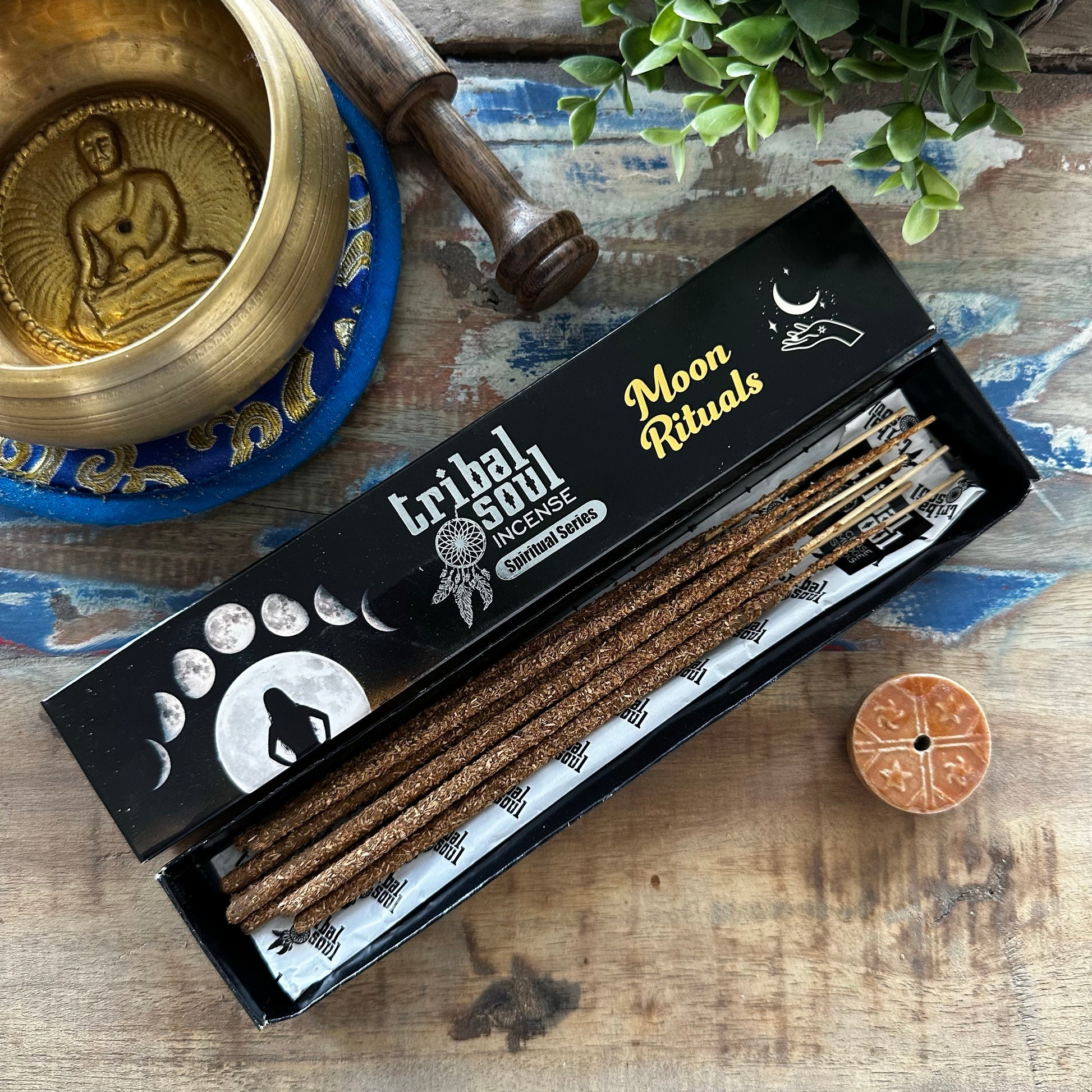 Embrace sacred moon rituals with the Tribal Soul Spiritual Incense Sticks and Ceramic Holder set. Handcrafted with traditional wisdom, this beautifully boxed ritual kit includes high-quality, aromatic incense sticks and a rustic ceramic holder designed to enhance your spiritual practice.

Infused with natural herbs and resins, each stick offers a calming, cleansing aroma that aligns perfectly with moon phases—ideal for meditation, intention setting, or cleansing your space during full and new moon ceremonie