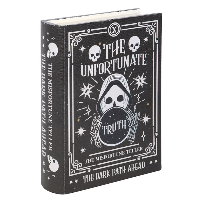Disguised as a spellbinding book, this storage box is perfect for stashing divination tools, tarot cards and other treasures. Featuring a mystical fortune teller and ominous warnings on the lid, it adds a touch of drama to shelves or desks.