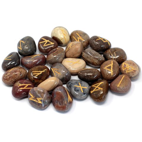 beautiful tool for divination, meditation, or connecting with old Norse wisdom.

Nobody can be truly sure where runes originated. While their exact beginnings are lost to history, many believe they were first used between 2000 BC and 100 AD by tribes such as the Goths and other early Germanic peoples.

Each handcrafted Indian Fancy Jasper Rune Set includes 25 stones:

24 engraved with the classic Elder Futhark symbols

1 blank rune, often used to represent fate or the unknowable

Fancy Jasper is known for i