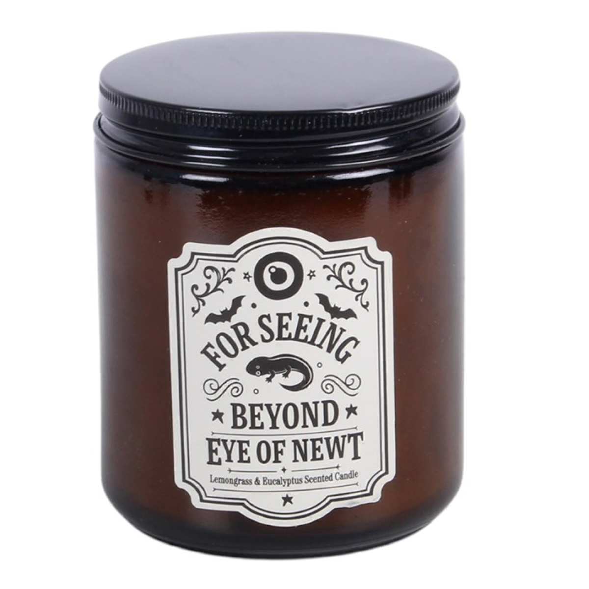 Fill the home with a fresh and uplifting scent with this Eye of Newt fragranced glass candle, blending lemongrass and eucalyptus in a classic apothecary-style jar. Ideal for Halloween styling or as a fun gift for fans of magical and themed decor, it adds a light yet spooky seasonal touch. Approximately 32-hour burn time. Made from paraffin wax. Never leave a lit candle unattended.