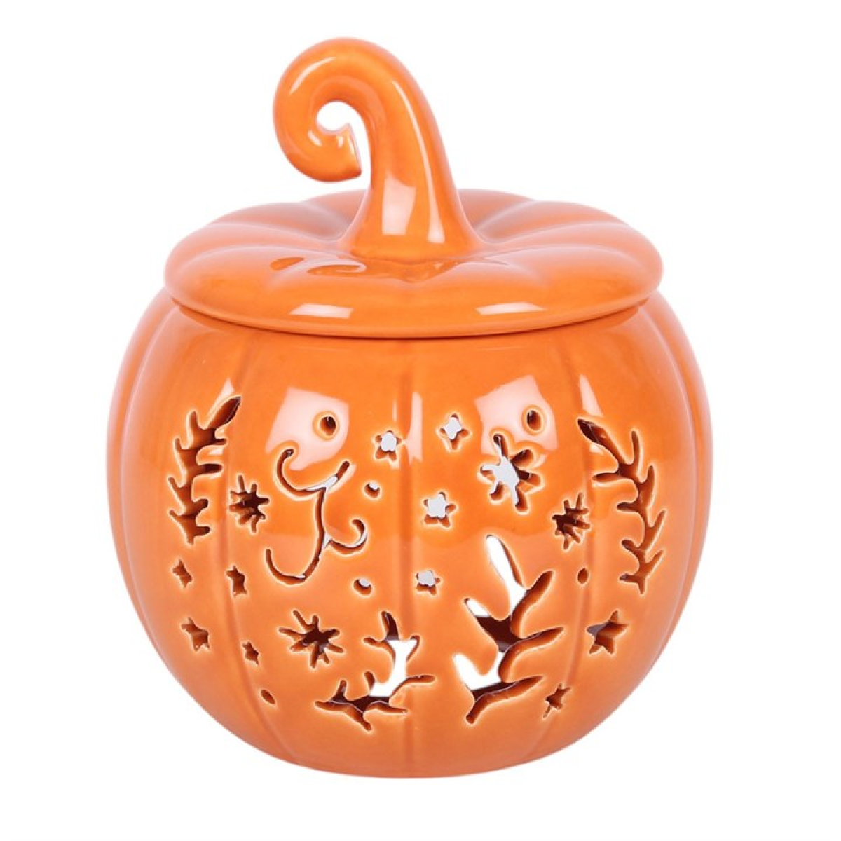 Create a stylish seasonal display with this pumpkin-shaped oil burner and wax warmer in an autumnal orange colour. With intricate folk-inspired cut-outs for a gentle glowing effect, it's perfect for timeless autumn or Halloween decorating. Simply place a single standard tealight in the space at the back and add a few drops of diluted fragrance oil or wax melts in the bowl. Always remove the lid whilst in use.