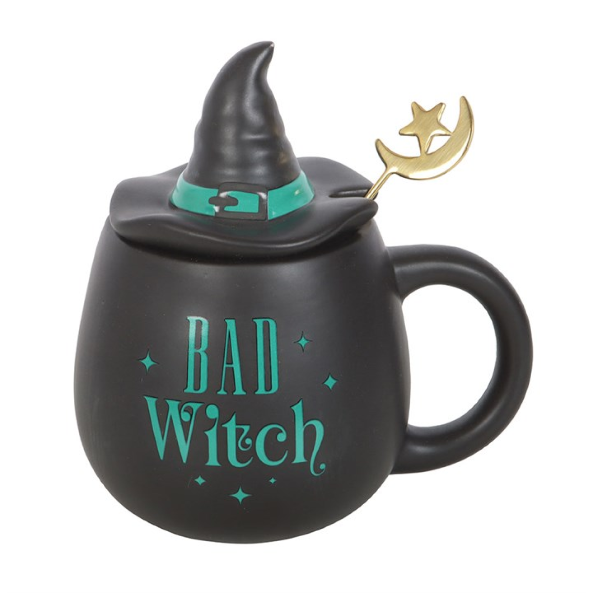 Channel your darker, more mischievous side with the Bad Witch Mug, a bold and bewitching addition to any gothic mug collection. Crafted from deep green ceramic, this magical mug comes complete with a removable witch’s hat lid—keeping your potion warm while adding a delightfully wicked touch to your brew.

Paired with a gold-tone metal spoon adorned with a crescent moon detail, this set transforms your everyday coffee or tea ritual into a moment of spellbinding style. The “Bad Witch” design celebrates playfu