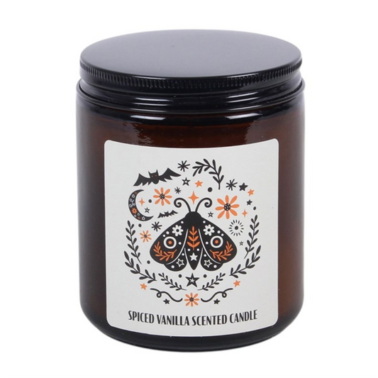 Fill the home with a warm and comforting scent with this moth design spiced vanilla candle, presented in a classic brown apothecary-style jar with a screw top lid. Perfect for autumn evenings or as a thoughtful seasonal gift, it adds a cosy touch to any space. Approximately 25–30 hour burn time. Made from paraffin wax. Never leave a lit candle unattended.