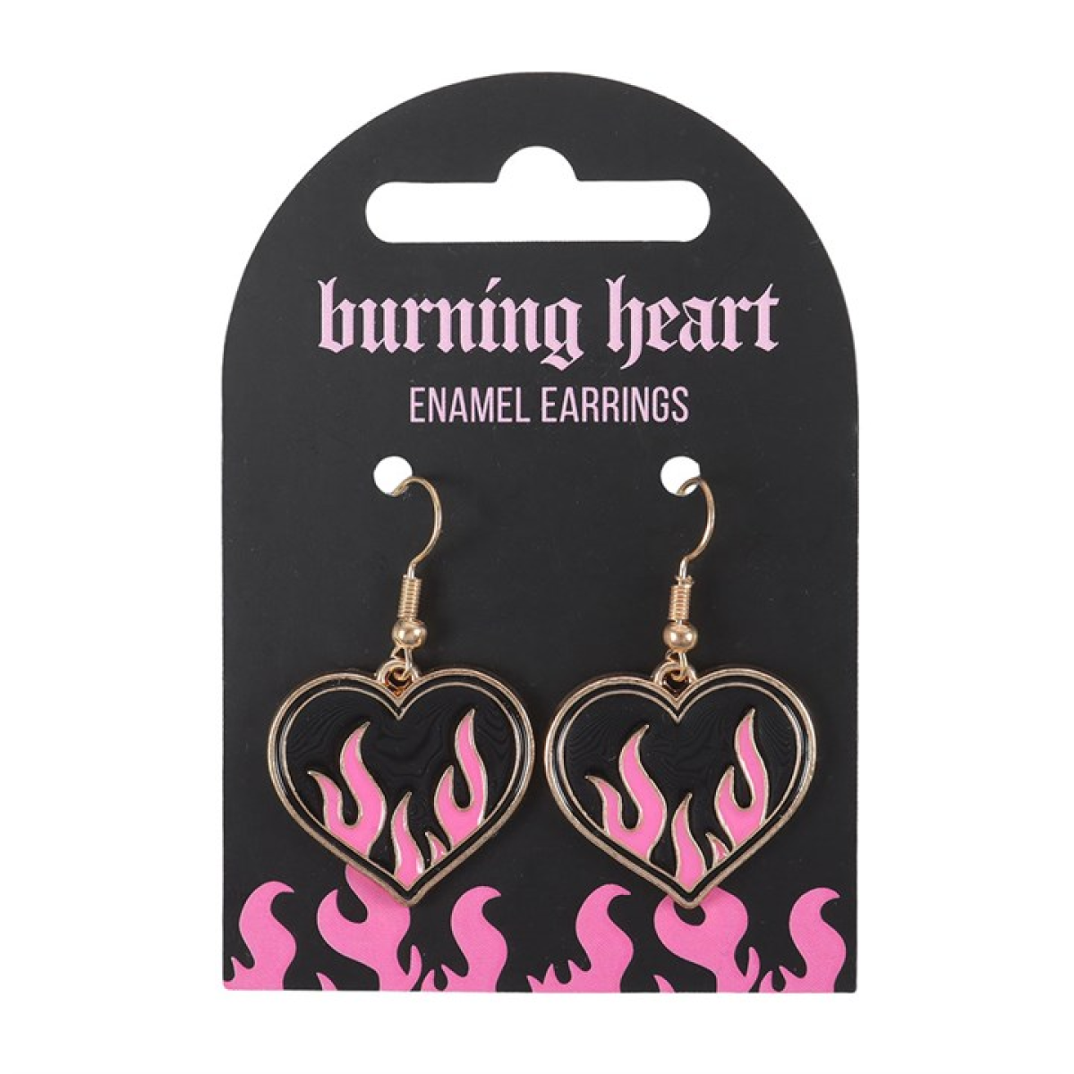 Pink and black burning heart earrings with flame details. Edgy Y2K gothic jewellery for alternative fashion and rebellious style lovers.