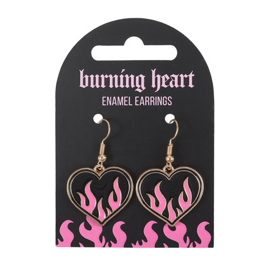 Pink and black burning heart earrings with flame details. Edgy Y2K gothic jewellery for alternative fashion and rebellious style lovers.