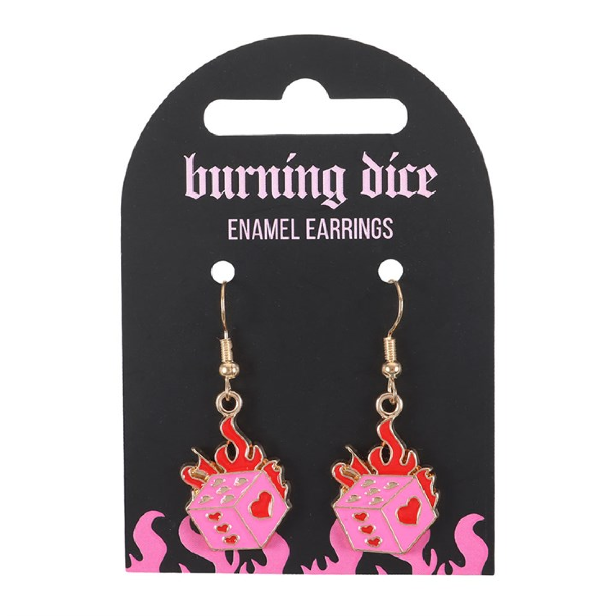 Pink and red burning dice earrings with flame details. Edgy alternative jewellery inspired by luck, risk and rebellious style.