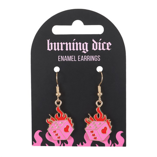 Pink and red burning dice earrings with flame details. Edgy alternative jewellery inspired by luck, risk and rebellious style.