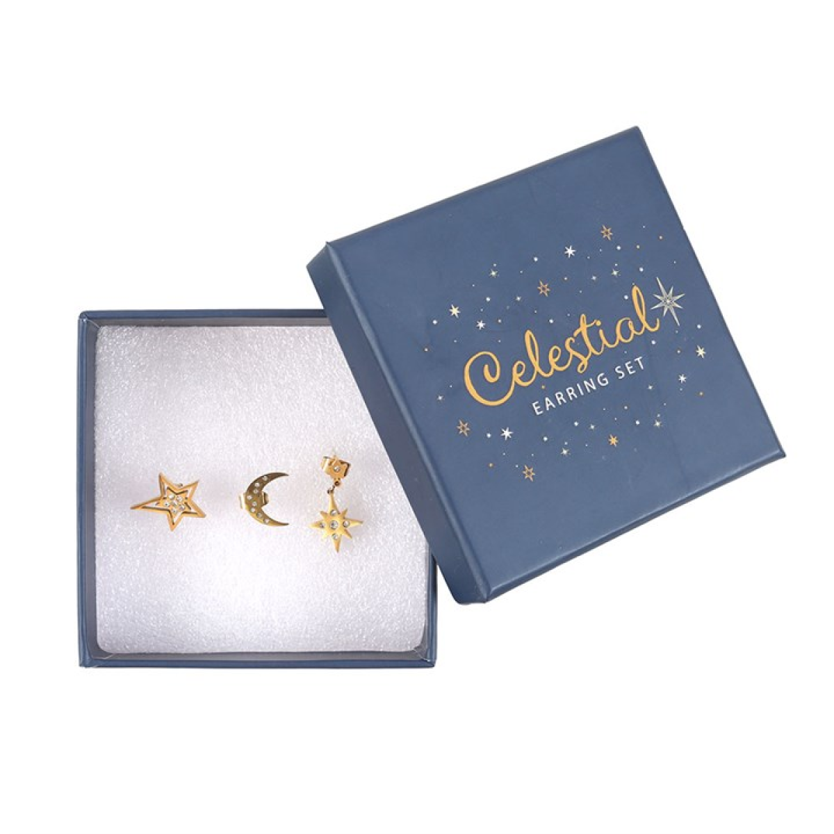 Gold-tone celestial earring set with moon and star designs. Witchy cosmic jewellery perfect for gifting, everyday wear and starlit style.