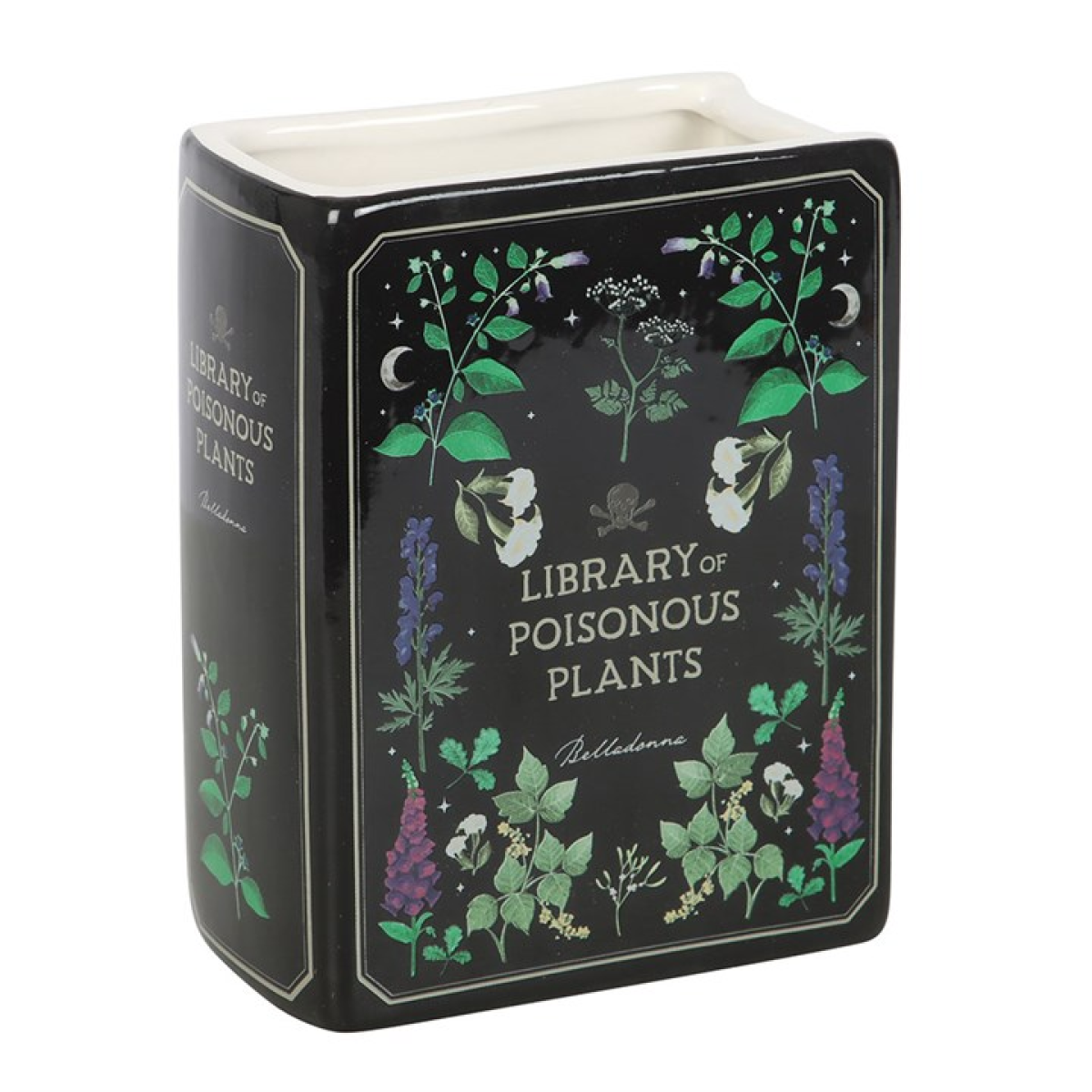 Book shaped ceramic vase styled as a Library of Poisonous Plants. Ideal for flowers, foliage, and gothic botanical home decor.