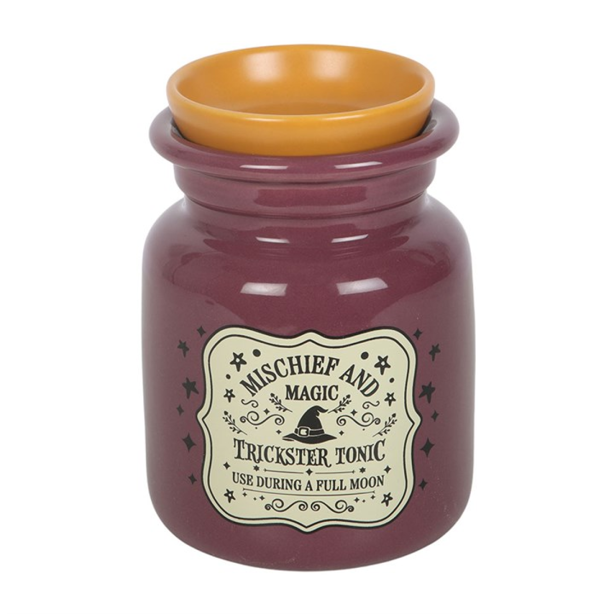 Add a mystical touch to the home with this potion bottle ceramic oil burner and wax warmer, featuring “Mischief and Magic – Trickster Tonic, Use During a Full Moon” wording for a fun and themed finish. Ideal for Halloween displays or year-round use, it makes a great gift for anyone who enjoys unique home fragrance pieces. Simply place a standard tealight in the back and add diluted fragrance oil or wax melts to the dish.