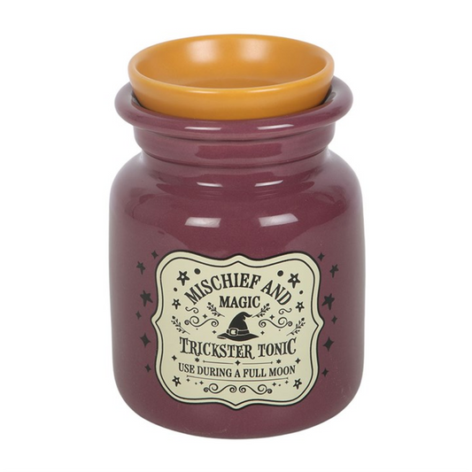 Add a mystical touch to the home with this potion bottle ceramic oil burner and wax warmer, featuring “Mischief and Magic – Trickster Tonic, Use During a Full Moon” wording for a fun and themed finish. Ideal for Halloween displays or year-round use, it makes a great gift for anyone who enjoys unique home fragrance pieces. Simply place a standard tealight in the back and add diluted fragrance oil or wax melts to the dish.