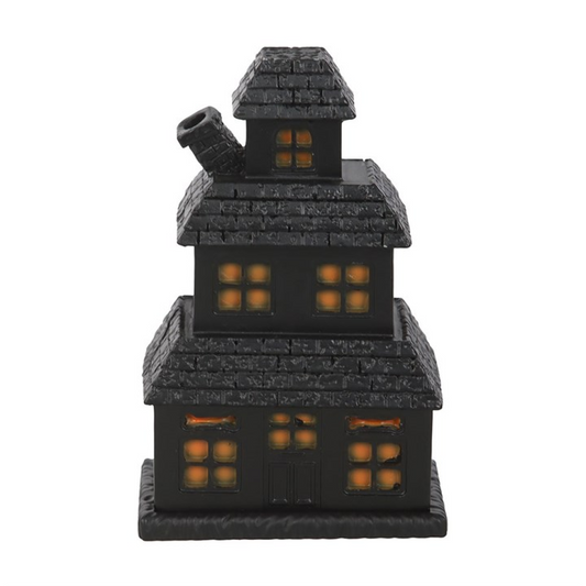 Black Haunted House incense cone holder in resin. Creates curling smoke effect for Halloween, gothic décor, seances, or mystical home ambiance.