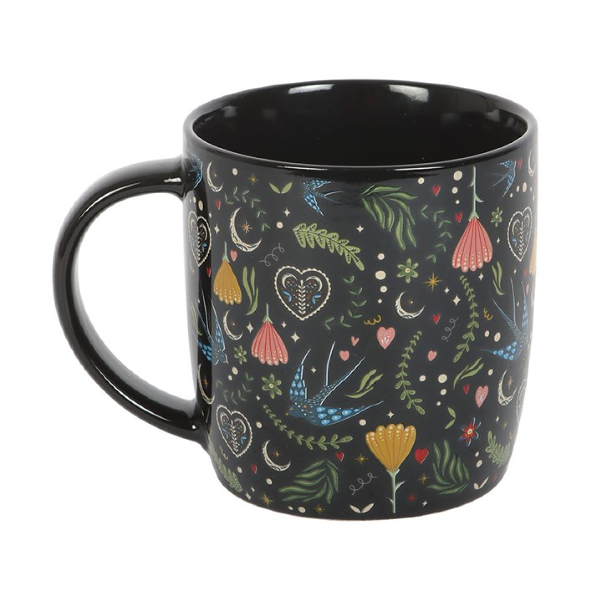 Sip your favourite brew in folk-inspired elegance with the Midnight Bloom Floral Mug, a black ceramic cup adorned with a vibrant all-over Midnight Bloom print. Featuring intricate blossoms in bold, colourful detail, this mug brings a touch of bohemian magic to every moment — from morning rituals to late-night reflections.

With a 350ml capacity, it’s the perfect balance of style and comfort, ideal for your work desk, cosy kitchen, or daily tea and coffee breaks. The contrast between the deep black base and 