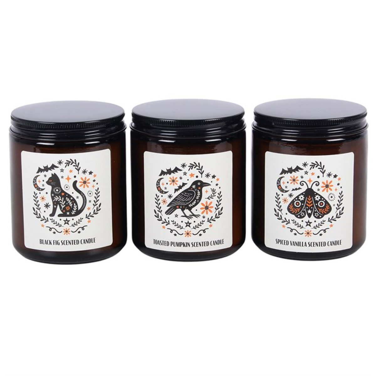 Add a warm and seasonal touch to the home with this set of 3 fragranced candles, presented in classic amber apothecary-style jars. Featuring black fig, spiced vanilla, and toasted pumpkin scents, each candle is decorated with a folk-inspired design, making this set perfect for autumn gifting or creating a cosy atmosphere. Made from paraffin wax. Never leave a lit candle unattended.