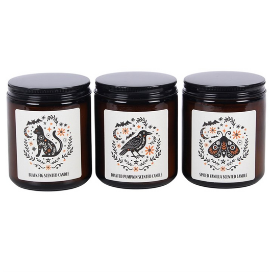Add a warm and seasonal touch to the home with this set of 3 fragranced candles, presented in classic amber apothecary-style jars. Featuring black fig, spiced vanilla, and toasted pumpkin scents, each candle is decorated with a folk-inspired design, making this set perfect for autumn gifting or creating a cosy atmosphere. Made from paraffin wax. Never leave a lit candle unattended.