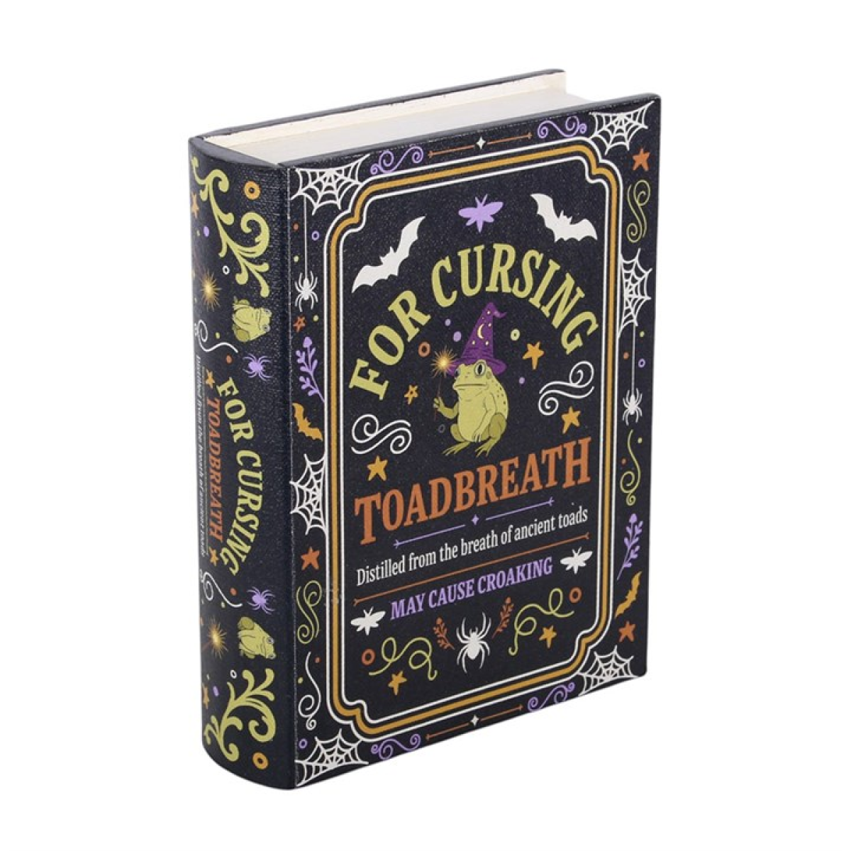 Keep treasures hidden in magical style with this Toadbreath book-shaped storage box, designed to look like an enchanted spell book with detailed “For Cursing - Toadbreath” artwork. Perfect for Halloween decor or for those who enjoy witchy themes, it opens to reveal a spacious compartment ideal for storing small items out of sight. A fun and functional piece that blends seamlessly into bookshelves or display spaces.