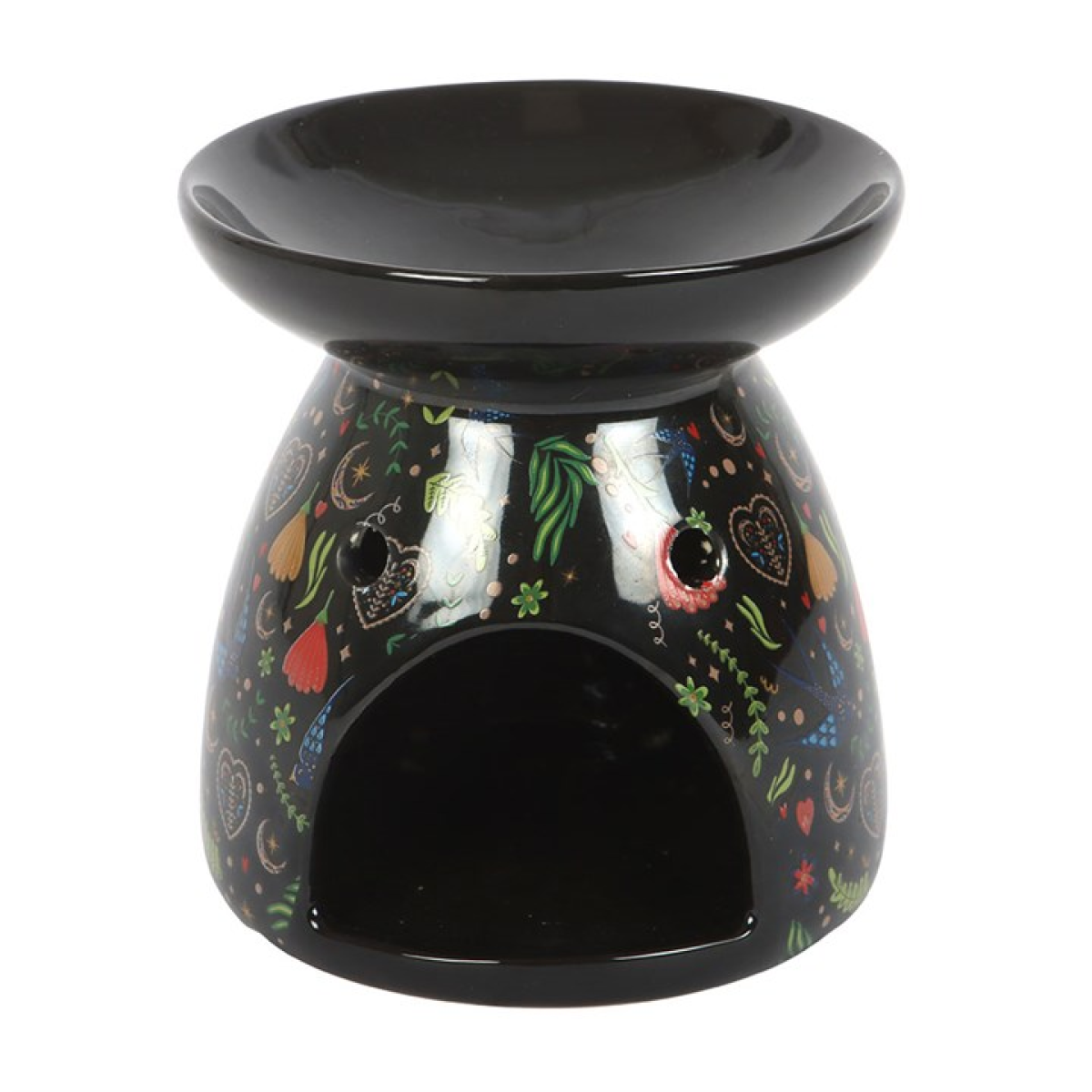 Ceramic Midnight Bloom oil burner with black floral print. Use with fragrance oils or wax melts to create gothic, calming, and aromatic home decor.