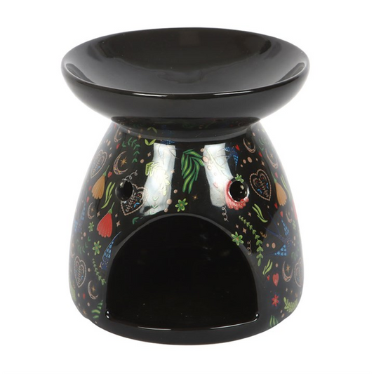 Ceramic Midnight Bloom oil burner with black floral print. Use with fragrance oils or wax melts to create gothic, calming, and aromatic home decor.