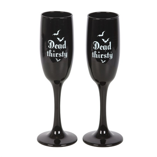 Set of 2 Dead Thirsty Champagne Flutes – Gothic Black Toasting Glasses (300ml)