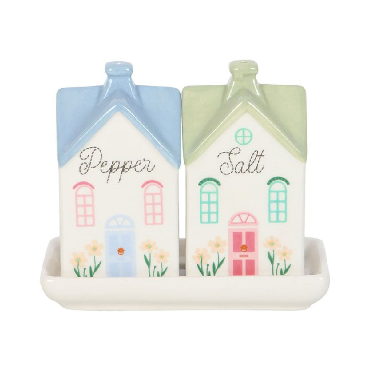 Pastel townhouse salt and pepper shakers with floral details. Quirky, decorative kitchen tableware. Handwash only, not microwave safe.