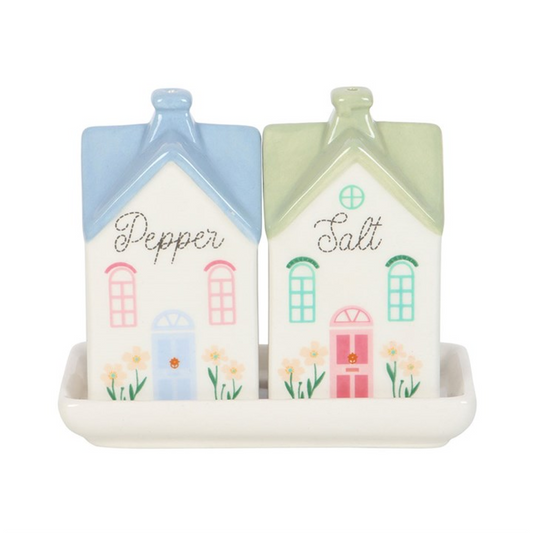 Pastel townhouse salt and pepper shakers with floral details. Quirky, decorative kitchen tableware. Handwash only, not microwave safe.