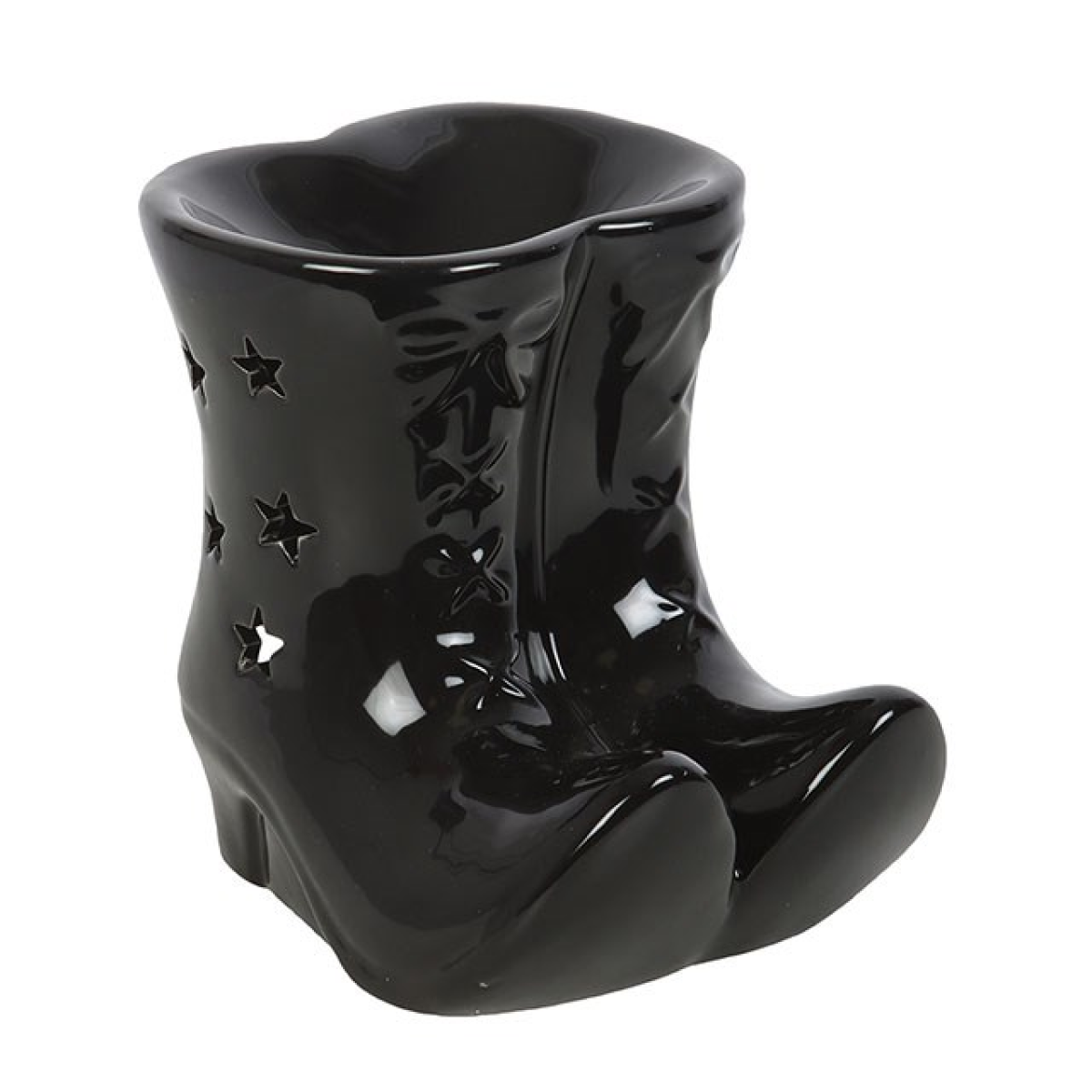 Black Witch Boots oil burner with star cut-outs. Use with fragrance oils for gothic, witchy décor, altars, or magical aromatic home ambiance.