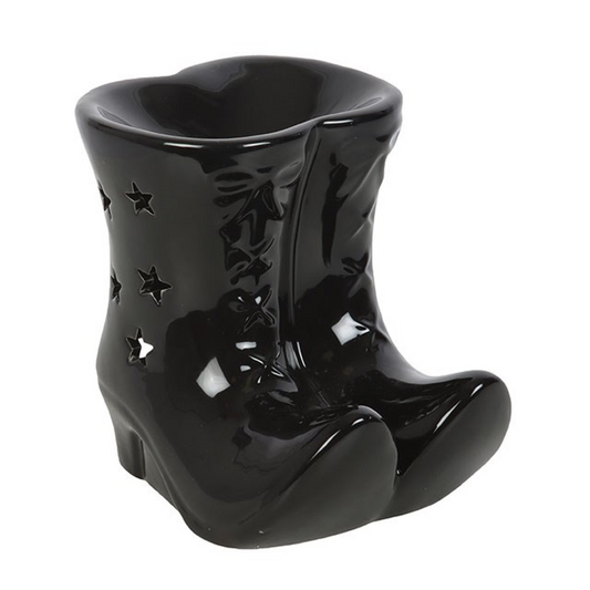 Black Witch Boots oil burner with star cut-outs. Use with fragrance oils for gothic, witchy décor, altars, or magical aromatic home ambiance.