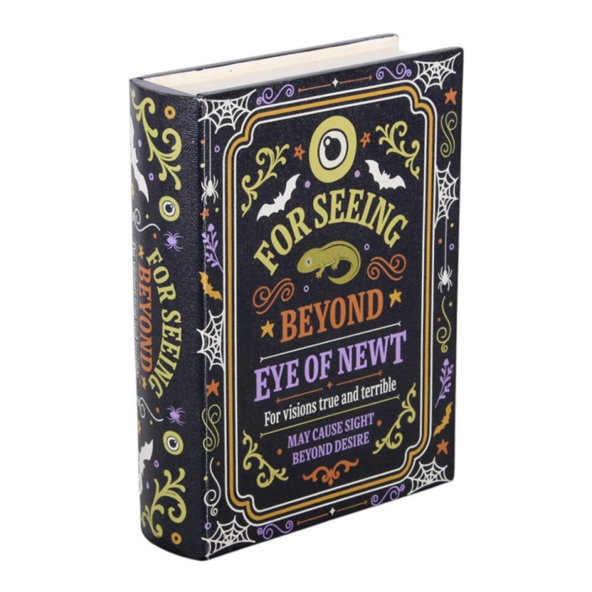 Keep small treasures tucked away in mystical style with this Eye of Newt book-shaped storage box, designed to resemble an enchanted spell book with “For Seeing Beyond, Eye of Newt” artwork. Perfect for Halloween decor or for those who enjoy witchy themes, it opens to reveal a spacious compartment ideal for storing keepsakes and small items. A decorative yet practical piece that blends seamlessly into bookshelves or display spaces.