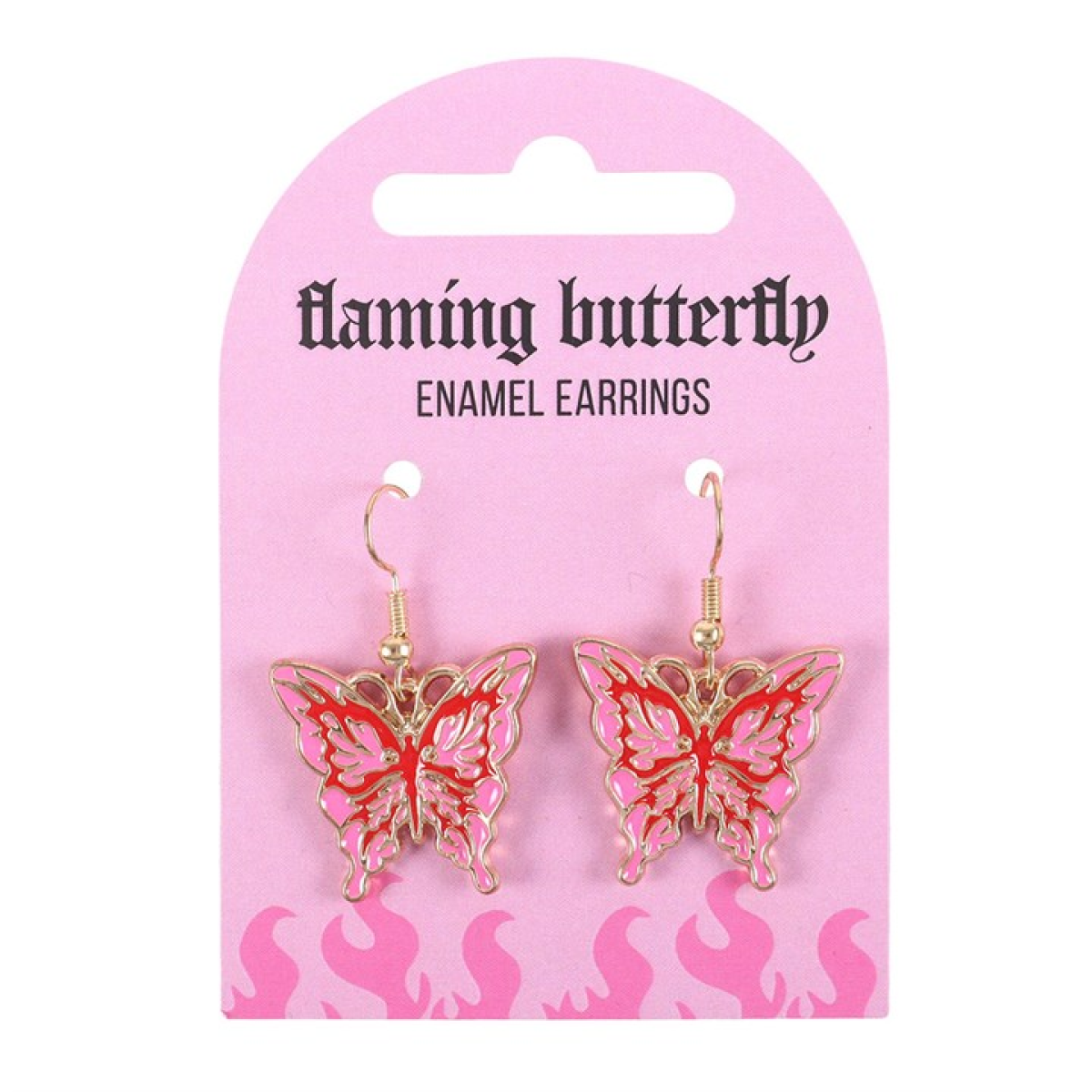 Pink and red flaming butterfly earrings with cybersigil Y2K style. Cute yet edgy gothic jewellery for alternative fashion lovers.