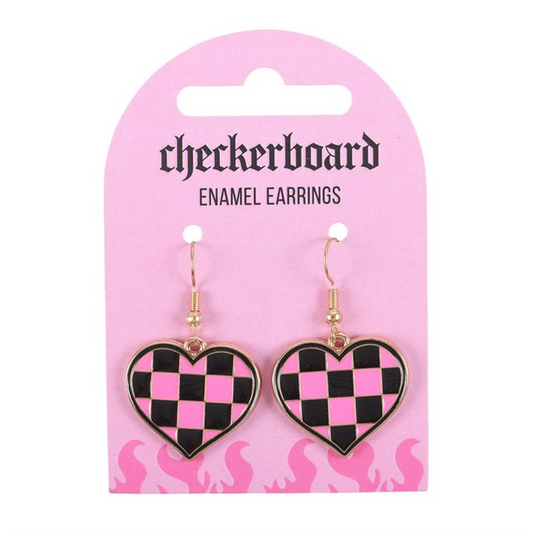 Checkerboard Heart Earrings – Pink & Black Alternative Jewellery