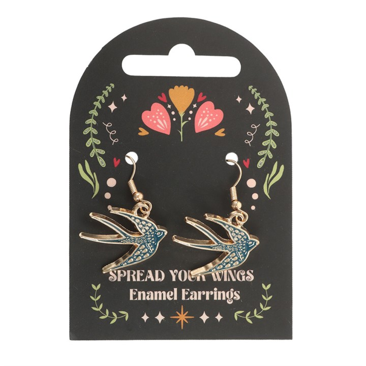 Blue swallow earrings symbolising freedom and transformation. Gothic folk jewellery inspired by flight, protection and independence.