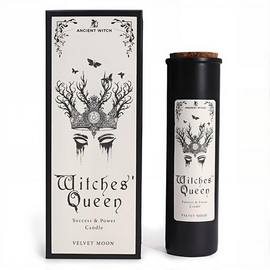 By root and flame, by wax and will—summon thy sovereign self. The Witches' Queen Candle is no idle flicker; it is the blaze of thine ambition. Cloaked in the scent of Velvet Moon—a blend as deep and daring as the night sky—it awakens inner dominion and dares thee to step into thy full, unrelenting power.

Adorned with a regal crown and shadow-winged moths, this sacred flame honors the journey of transformation through courage, wisdom, and unapologetic desire. Crafted for high priestesses, visionary spell-we