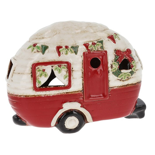 Village Pottery Christmas Caravan tealight holder, hand-painted ceramic caravan with festive details, measuring 13.5 x 18.5 x 7cm.