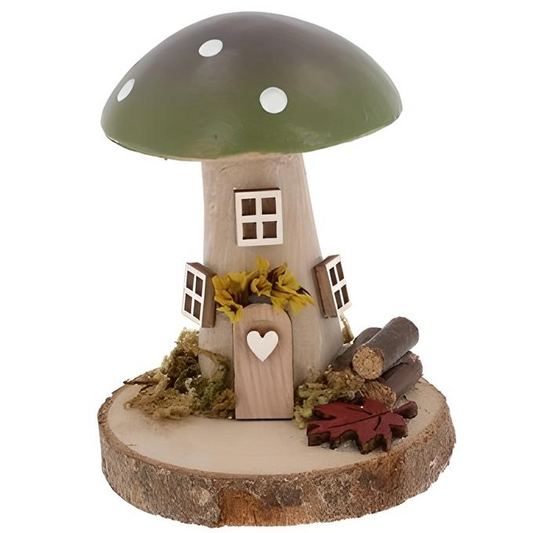 Add a whimsical woodland charm to your space with our Rustic Folk Art Mushroom Cottage Decorations. Lovingly handcrafted from high-quality polystone and finished with a rustic wood slice base, each miniature cottage is bursting with character and cottagecore appeal.

With intricate details and a cozy, storybook feel, these small ornaments are perfect for shelves, desks, windowsills, or altars. They make delightful gifts for nature lovers, folk art collectors, or anyone enchanted by fairy-tale charm.

Size: 