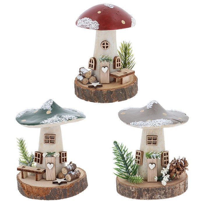 Folk Art Xmas Mushroom Cottage – Small Hand Painted Fairy House