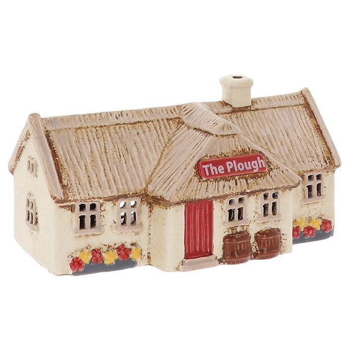 Shudehill Village Pottery Croft Plough Pub tealight house. Ceramic candle holder for fairy village scenes, cosy glow, and witchy home ambience.